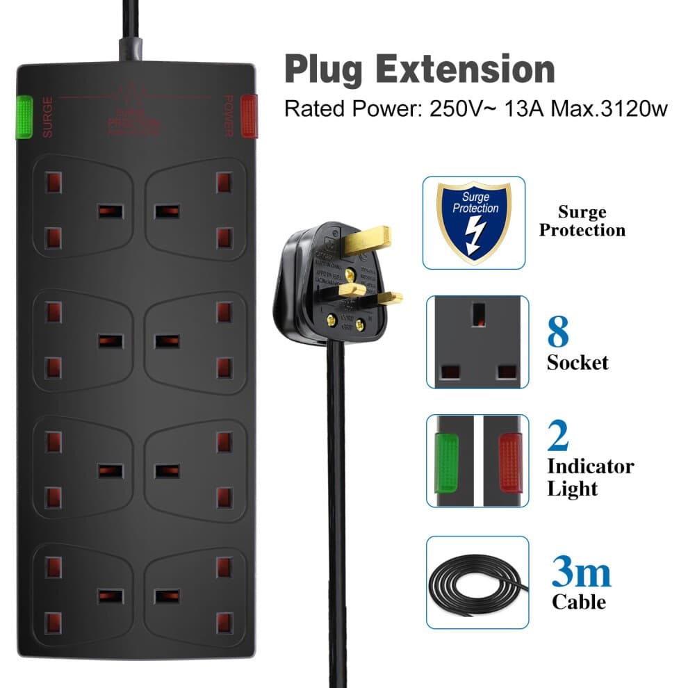 Black 8-gang surge-protected extension lead with a 3-meter cable, featuring two indicator lights, surge protection icon, and 13A rating.