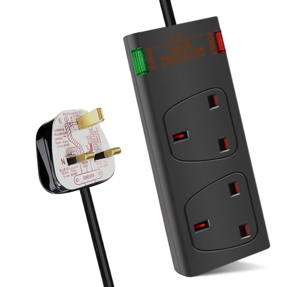 Black 2-gang surge-protected extension lead with a 5-meter cable, featuring two UK sockets, a red power indicator, and a green surge protection indicator.