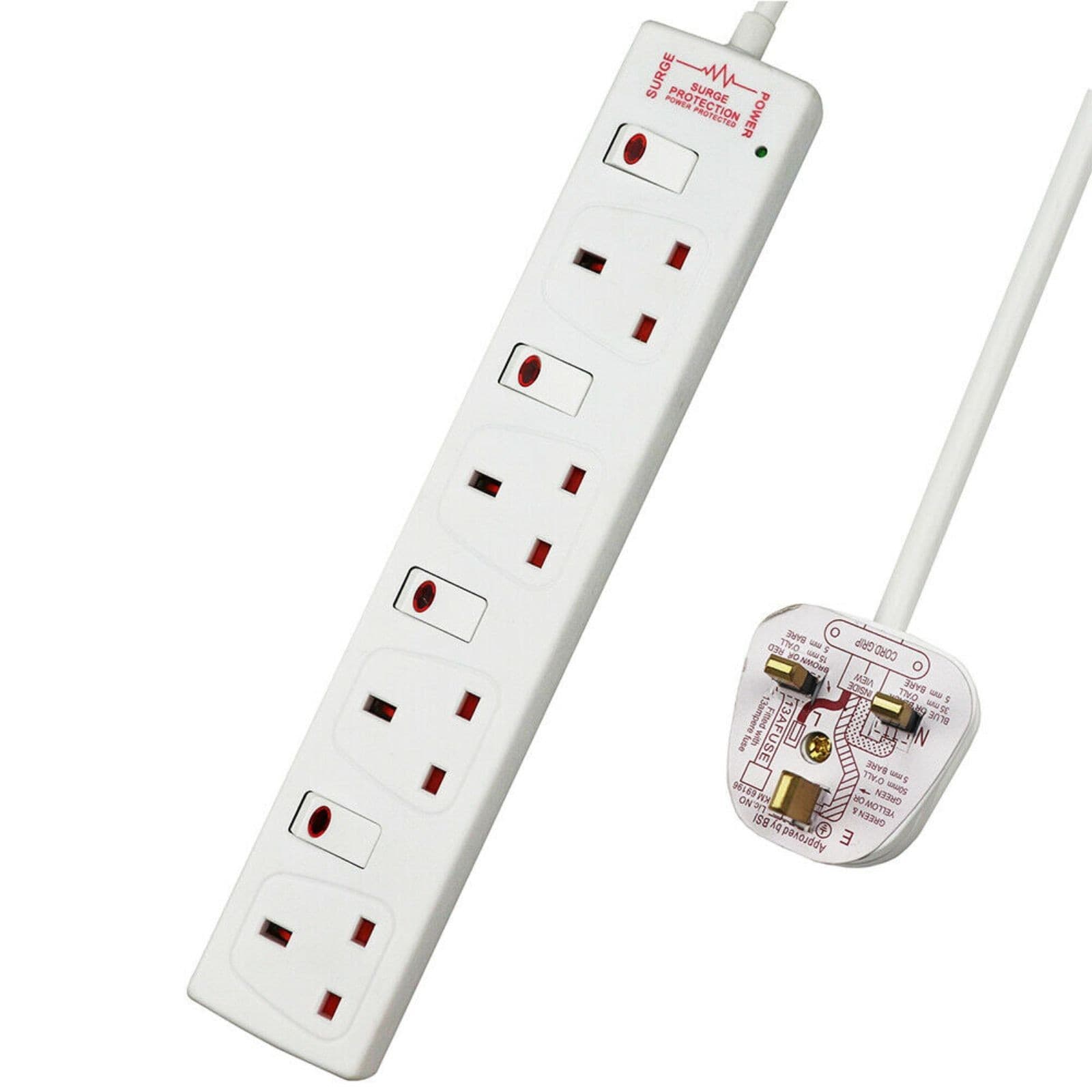 White 4-way socket with individual switches, power indicator light, and surge indicator, featuring a 1-meter cord and a standard UK plug.