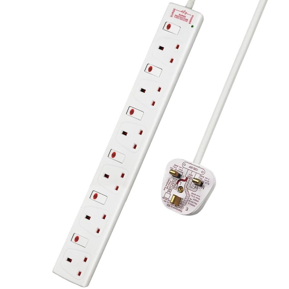 White 6-gang surge-protected extension lead with individually switched sockets, featuring a 1M cable and a 13A plug, designed for safety and convenience.