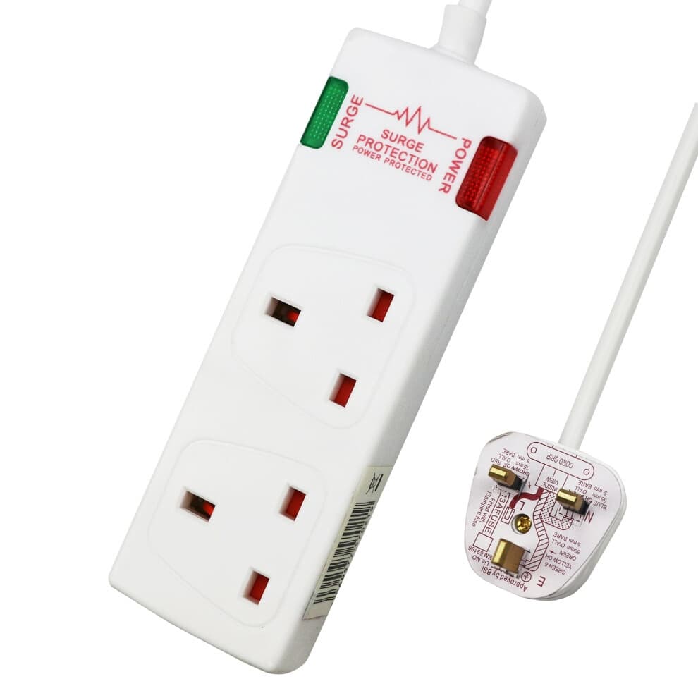 White 2-gang surge-protected extension lead with a 3-meter cable, featuring red and green indicator lights for surge protection and power status, and a standard UK plug.