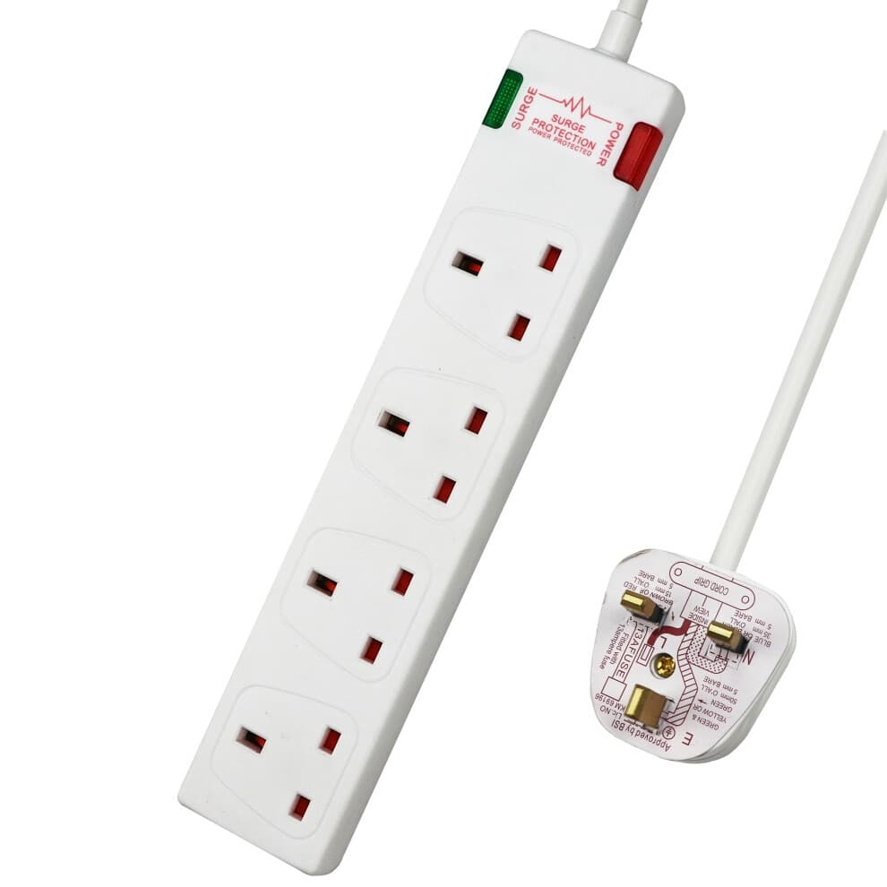 White 4-gang extension lead with surge protection, featuring four UK sockets, a 3-meter cable, and a red and green indicator light for power and surge status.