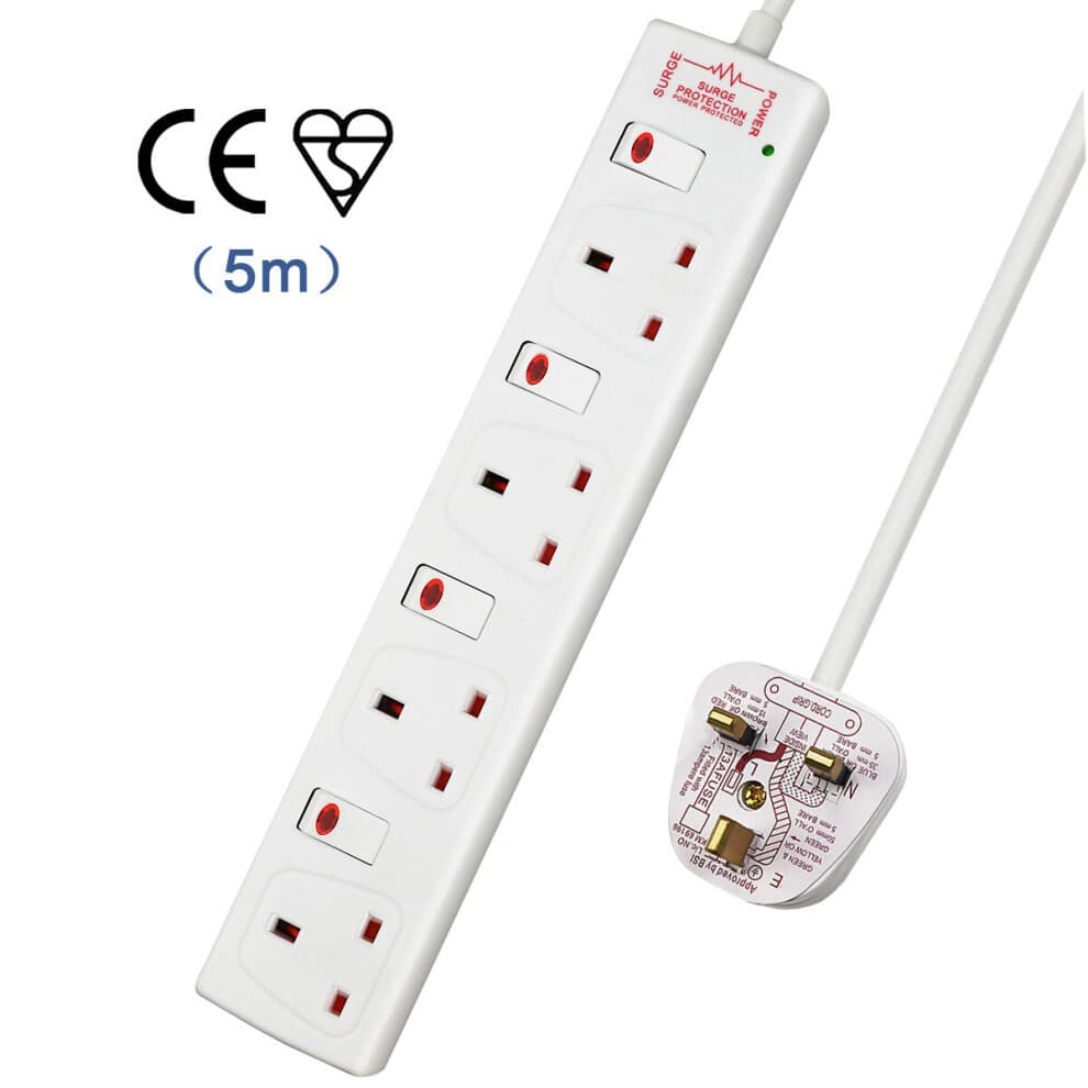 White 4-way socket with 13A rating, 5-meter cord, individual switches, indicator light, and surge indicator, featuring a compact design and CE certification.
