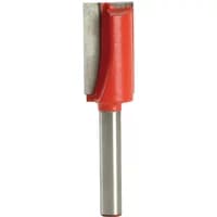 Red Faithfull 15mm straight router bit with 1/4-inch silver shank and sharp cutting edge.