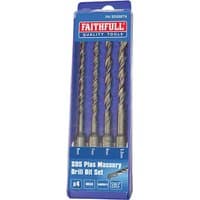 Faithfull 4 Piece SDS Plus Drill Bit Set in blue packaging with four silver spiral masonry bits.
