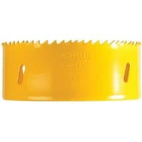 Yellow Faithfull Bi-Metal Cobalt Holesaw 111mm with sharp teeth and smooth cylindrical body.