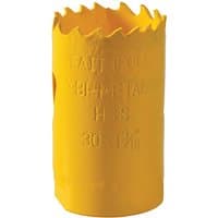 Yellow Faithfull Bi-Metal Cobalt Holesaw, 30mm diameter, with jagged cutting edge and embossed measurements.
