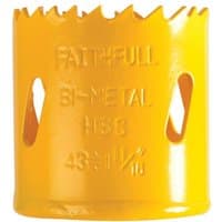 Yellow Faithfull Bi-Metal Cobalt Holesaw 43mm with jagged edge and side cutouts.
