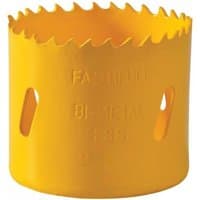 Yellow Faithfull bi-metal cobalt holesaw, 54mm diameter, with jagged cutting edge and side slots.