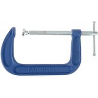 Blue Faithfull medium-duty G-clamp, 150mm, with silver screw and handle, robust metal construction.