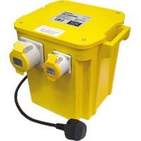 Yellow Faithfull portable site transformer with two sockets and black power cable.