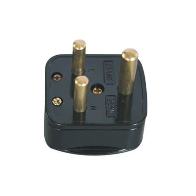 Black South African mains plug with three brass prongs, featuring a rectangular shape and screw holes for secure attachment, designed for electrical connections.