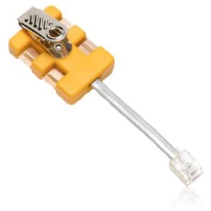 Yellow plastic modular adapter with a metal clip and an 8-wire connector, designed for easy connectivity and durability in networking applications.