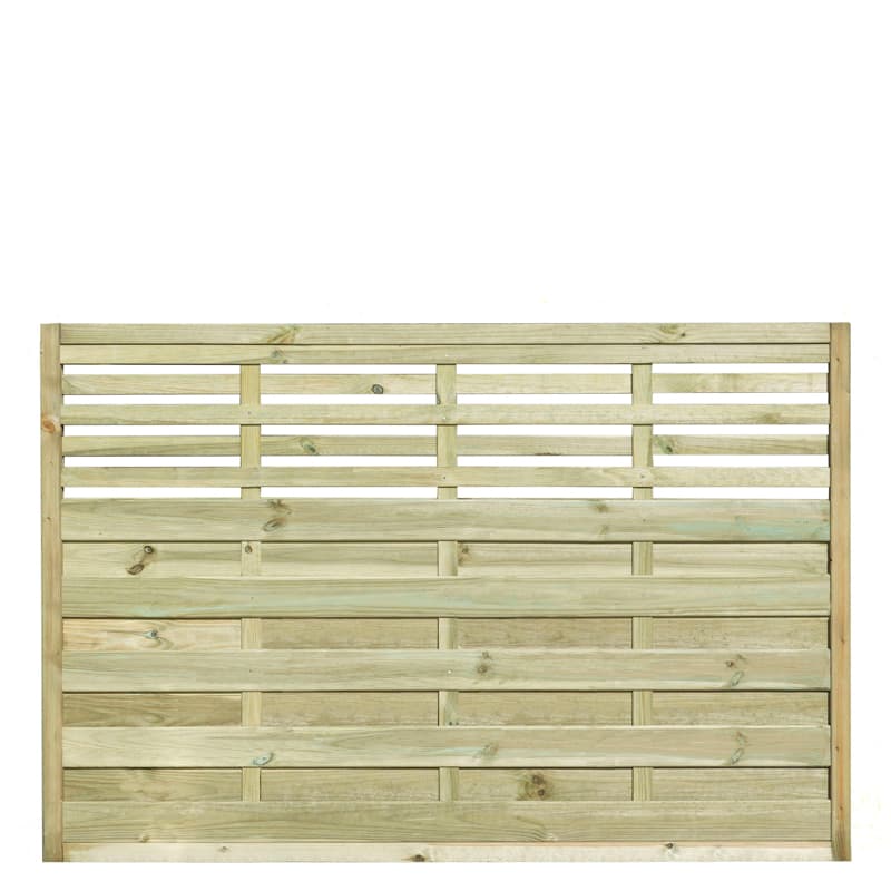 Kyoto decorative fence panel in natural wood finish, measuring 6' x 4', featuring horizontal slats and a sleek design, ideal for garden or outdoor spaces.