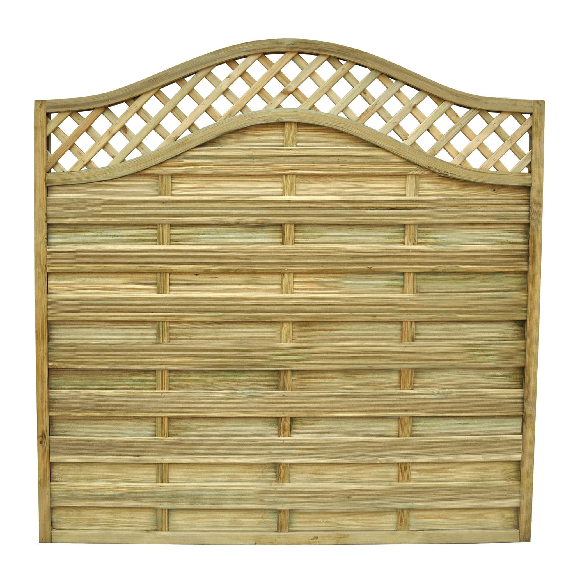 Pressure-treated decorative fence panel in natural wood color, featuring a curved top with a lattice design, measuring 6' x 5' (1.8m x 1.5m).