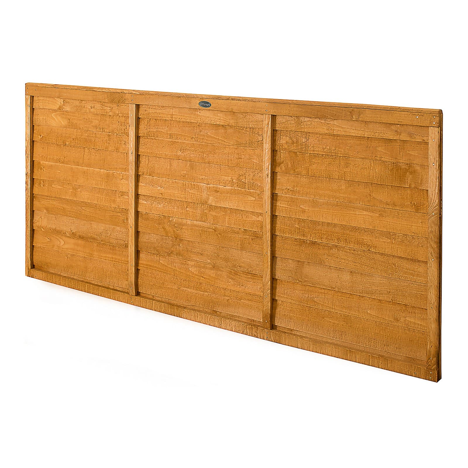 Forest Larchlap Fence Panel measuring 3ft x 6ft, featuring a natural wood finish with horizontal slats and a sturdy construction, ideal for garden boundaries.