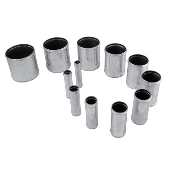 Silver alloy hose joiners in various lengths and diameters, featuring a smooth metallic finish and black inner lining, arranged in a scattered layout.