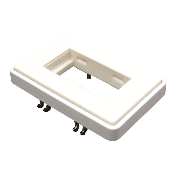 White Garbot FUGA Module measuring 75x50mm, designed for F22 modules, featuring a rectangular opening and metal connectors on the underside.