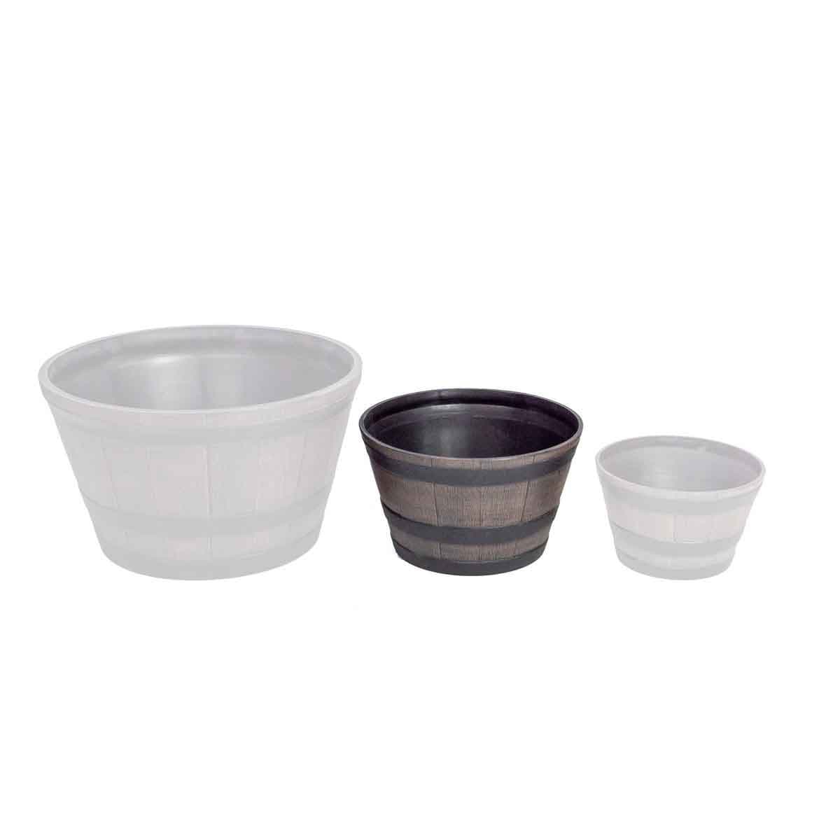 Three planters in varying sizes, featuring a brown wooden barrel effect design, made of durable plastic with a glossy finish.