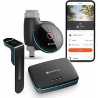 Gardena Smart Sensor Control Water Timer Set with black sensor, timer, hub, and smartphone app display.