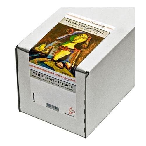 White box containing Hahnemühle Torchon FineArt Inkjet paper, featuring a colorful label with artwork, highlighting its matte, textured surface and dimensions of 24 inches by 12 meters.