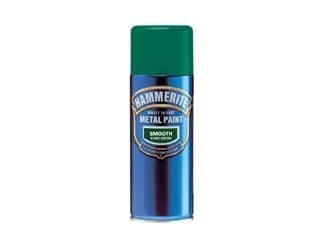 Black aerosol can with a hammered finish, labeled "Hammerite Direct to Rust," featuring a green cap and 400ml capacity, designed for metal surfaces.