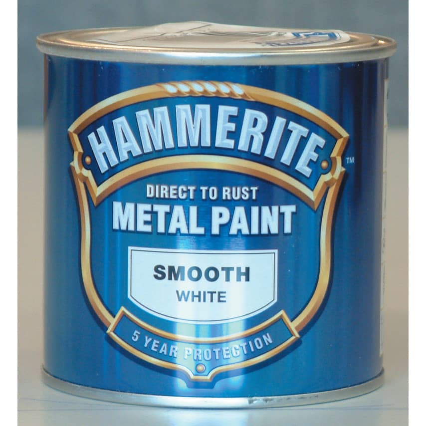 Hammerite 5084857 Direct to Rust Smooth Finish Metal Paint in a 250ml can, featuring a blue label with white text and a smooth finish designation.