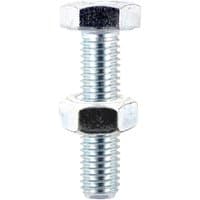 Hexagon stainless steel set screw with two matching hex nuts, shiny silver finish, threaded design.