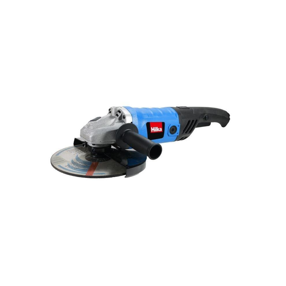 Hilka 9" angle grinder in blue with a black handle, featuring a metal guard, a cutting disc, and a side handle for improved grip and control.