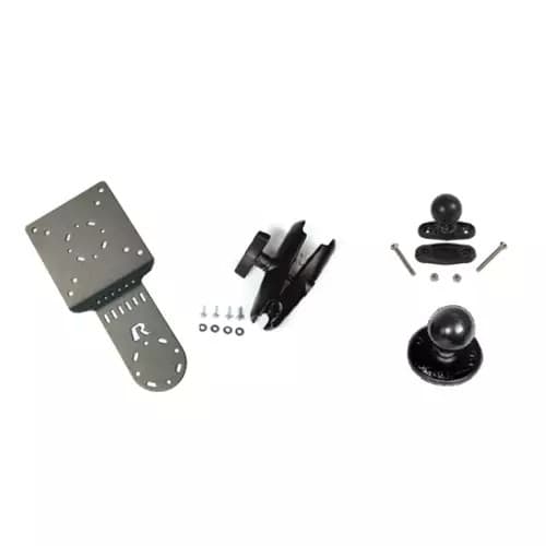 Black metal mounting kit featuring a flat plate with multiple holes, a clamp, a spherical ball mount, and assorted screws for installation.