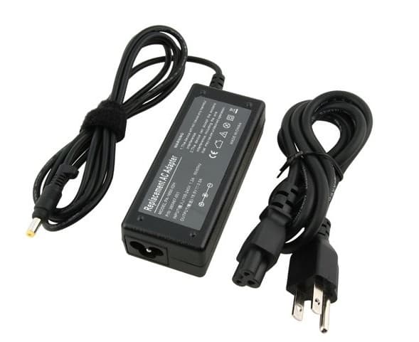 Black HP 65W power adapter with a rectangular body, featuring a power input port, two cables—one for AC connection and another for device connection—secured with a Velcro strap.