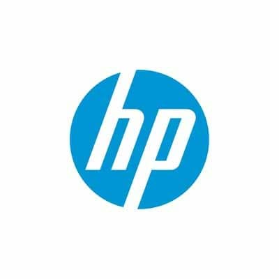 Black HP 8PZ91AV power adapter with a compact design, featuring a blue HP logo, designed for indoor use with a power output of 65 watts.