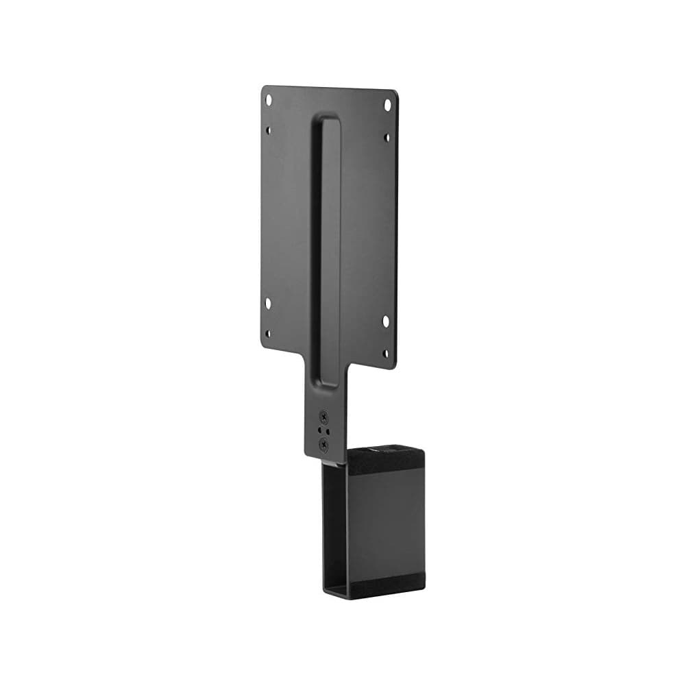 Black metal mounting bracket designed for LCD displays or thin clients, featuring a vertical plate with multiple mounting holes and a sturdy base for secure installation.