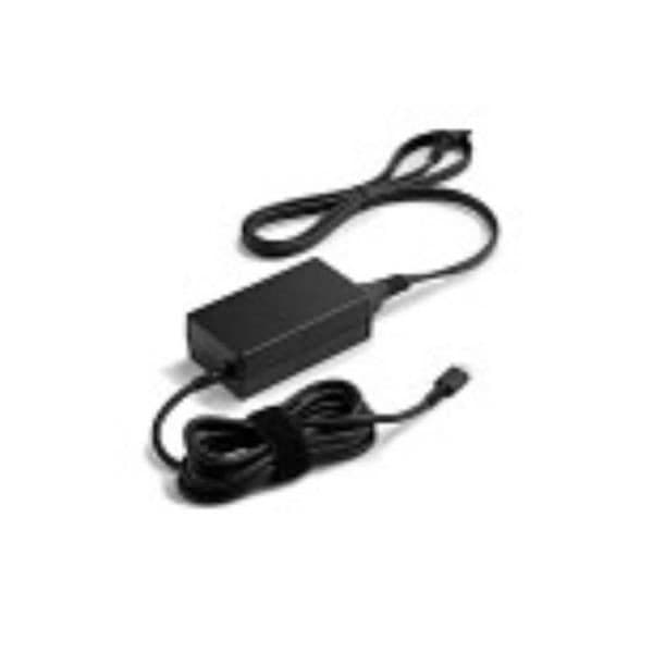 Black HP 65W power adapter with a rectangular body, a long power cord, and a connector for charging devices, featuring a sleek plastic finish.