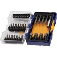 Blue and yellow Irwin 30 piece mixed screwdriver bit set in a plastic case with various sizes and types of bits.