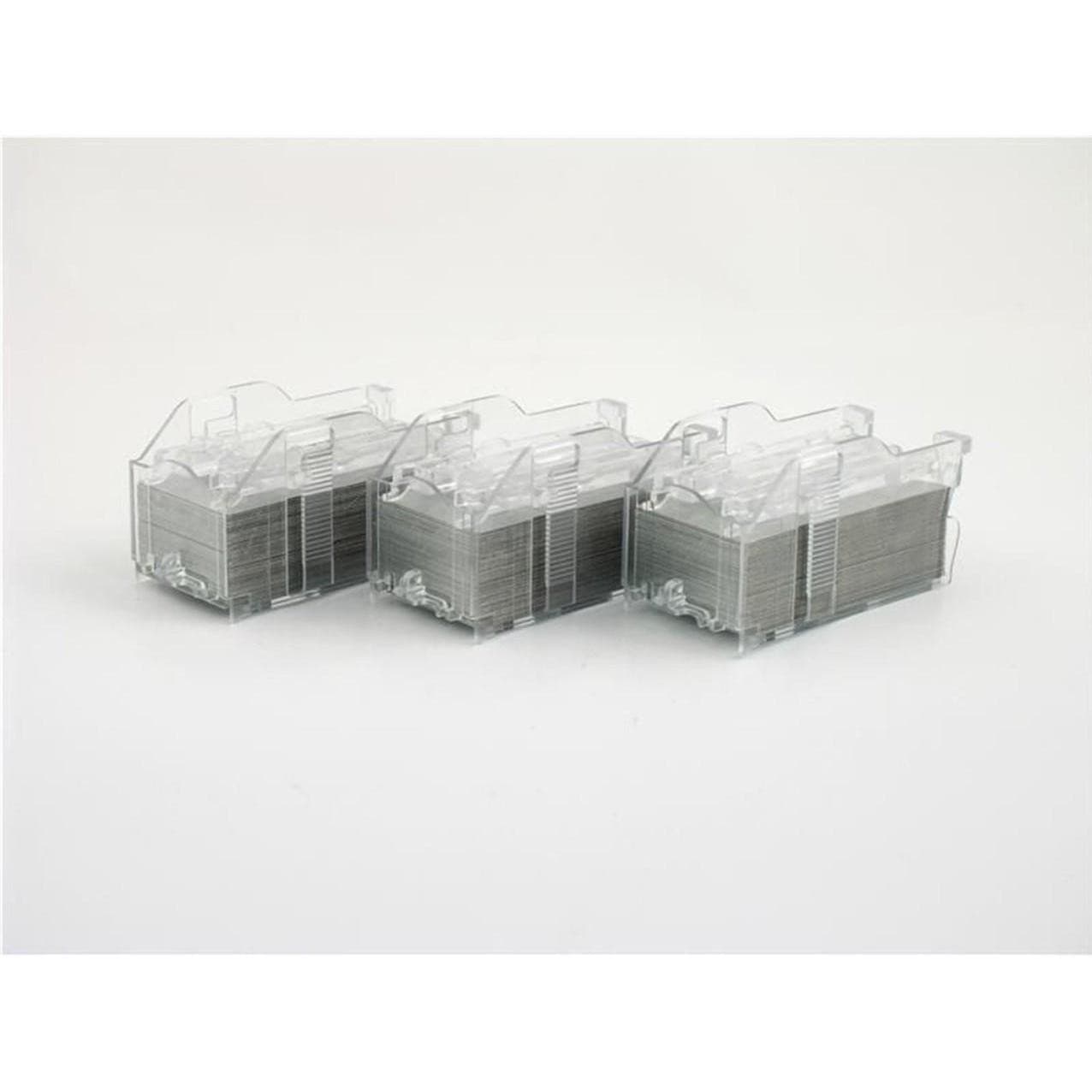 Three transparent plastic staple cartridges, each containing multiple metal staples, designed for use with staplers, showcasing a compact and organized design.