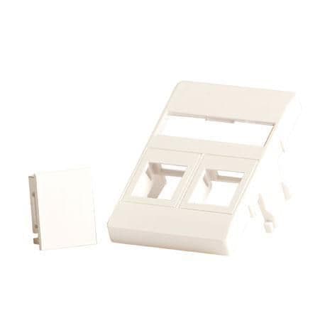 White plastic wall plate with two cutouts for connectors and a smaller rectangular cover piece, designed for easy installation and a clean finish.