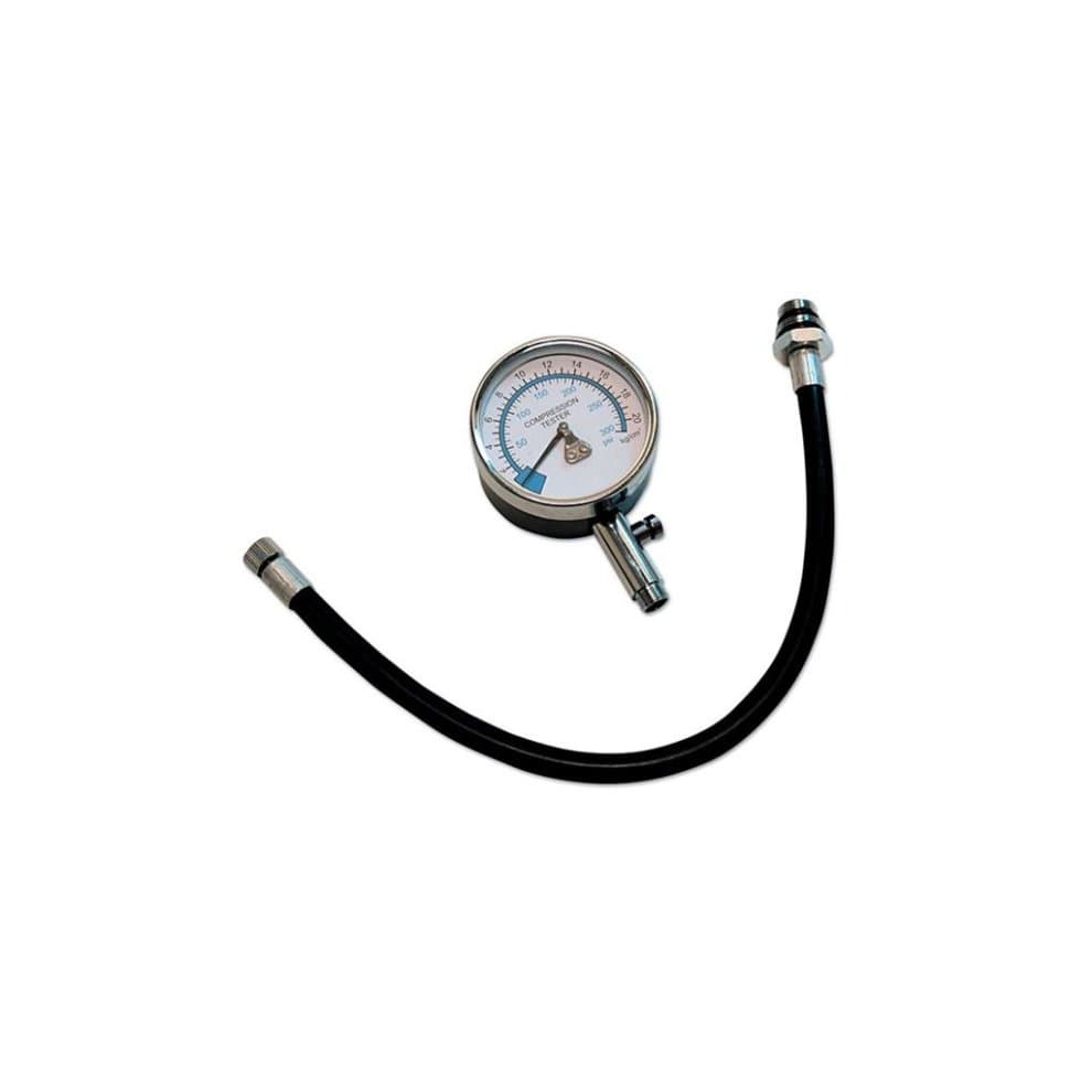 Laser 2516 Compression Tester features a round gauge with a white face and blue markings, attached to a black rubber hose with a metal connector.