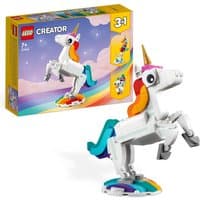 LEGO Creator 3 in 1 Magical Unicorn with rainbow mane, golden horn, and colorful base, includes box showing alternate builds.