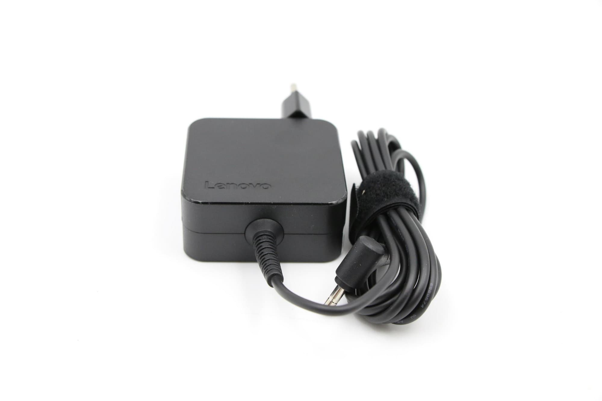 Black Lenovo 01FR136 power adapter with a compact square design, featuring a detachable cable and a connector tip, suitable for indoor use with a 65W output.