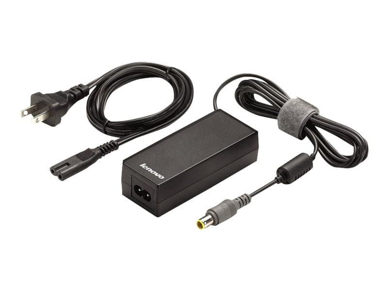 Black Lenovo 40Y7702 power adapter with a rectangular design, featuring a DC output connector, and accompanied by two cables for power connection.