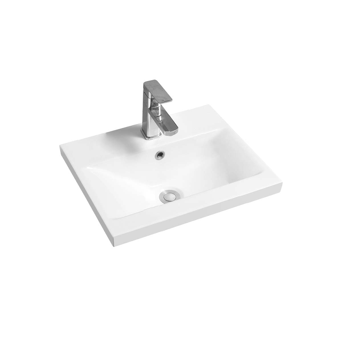 White Limoge Thin-Edge Ceramic inset basin measuring 51cm, featuring a deep scoop design and a sleek chrome faucet, ideal for modern bathrooms.