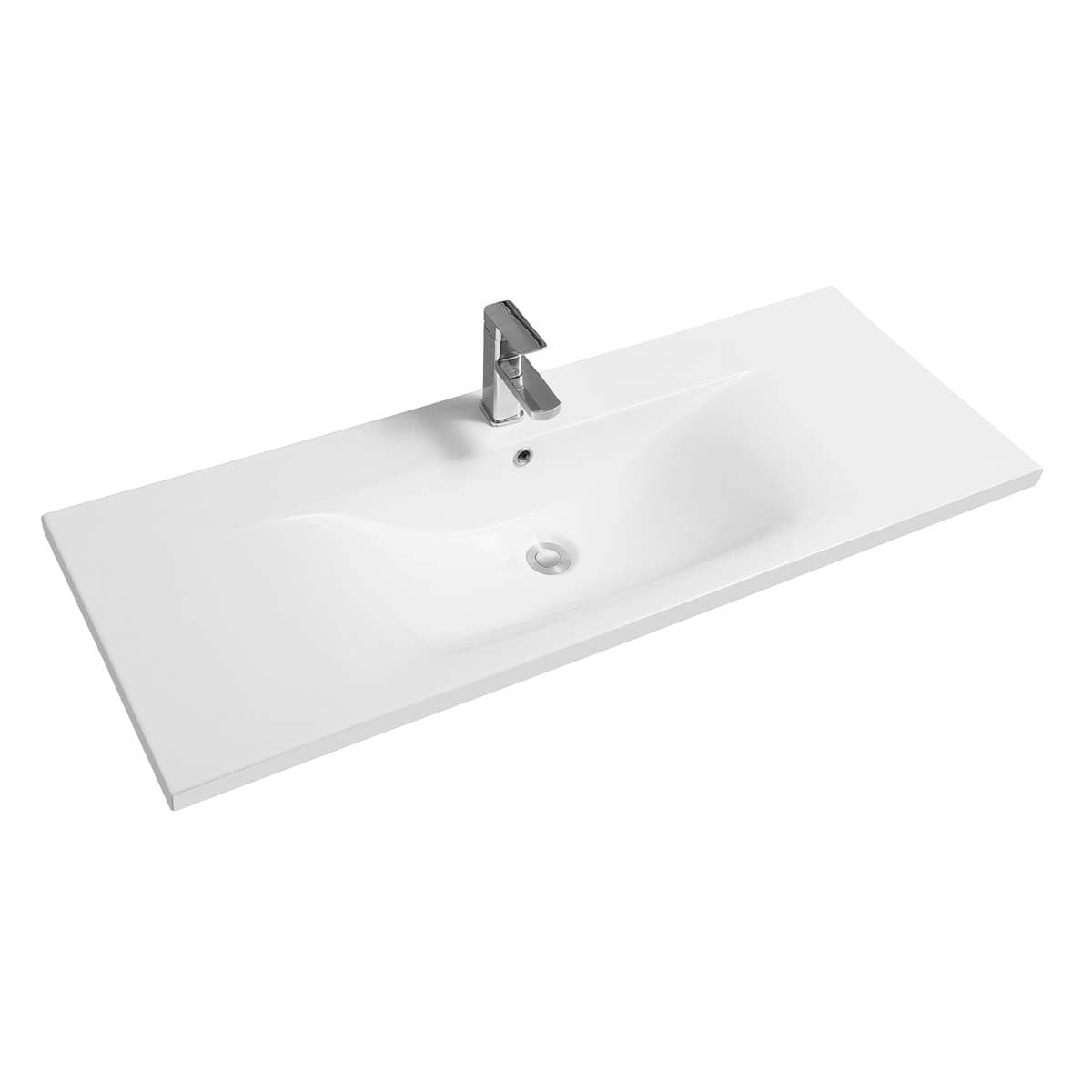 White ceramic 61cm inset basin with a thin-edge design and a dipped bowl, featuring a sleek chrome faucet and a smooth, minimalist surface.