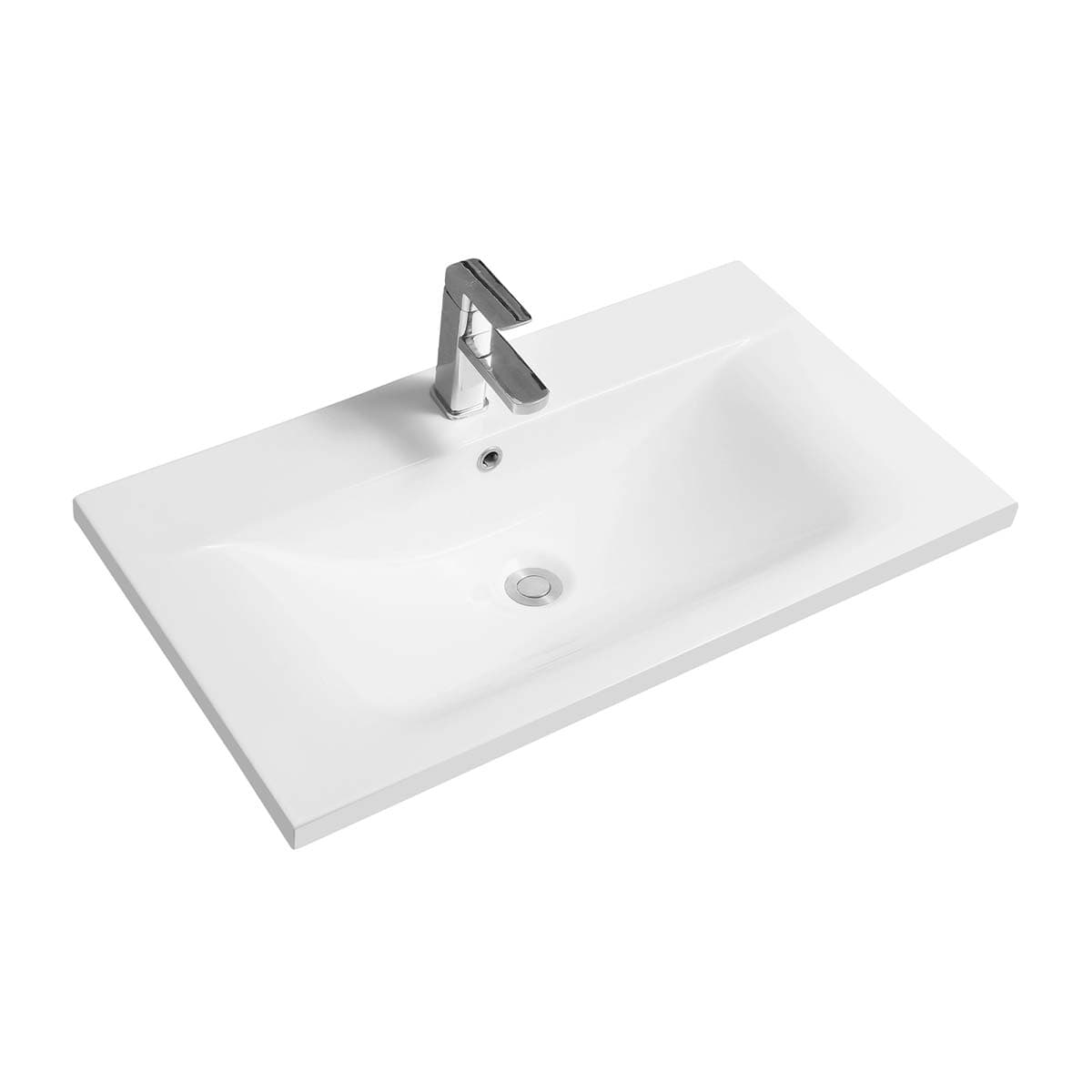 White ceramic 61cm inset basin with a thin-edge design, featuring a gently curved dipped bowl and a sleek chrome faucet.