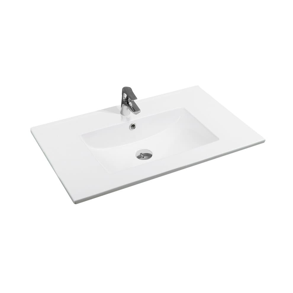 White ceramic 75cm x 45cm thin-edge inset basin featuring a scooped bowl design and a central drain, complemented by a sleek chrome faucet.