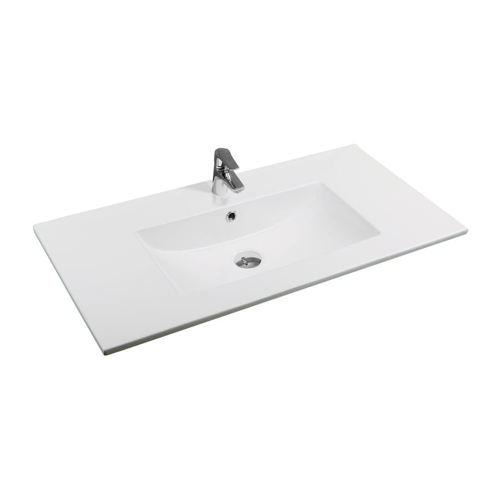White ceramic 91cm thin-edge inset basin featuring a scooped bowl design and a central drain, complemented by a sleek chrome faucet.