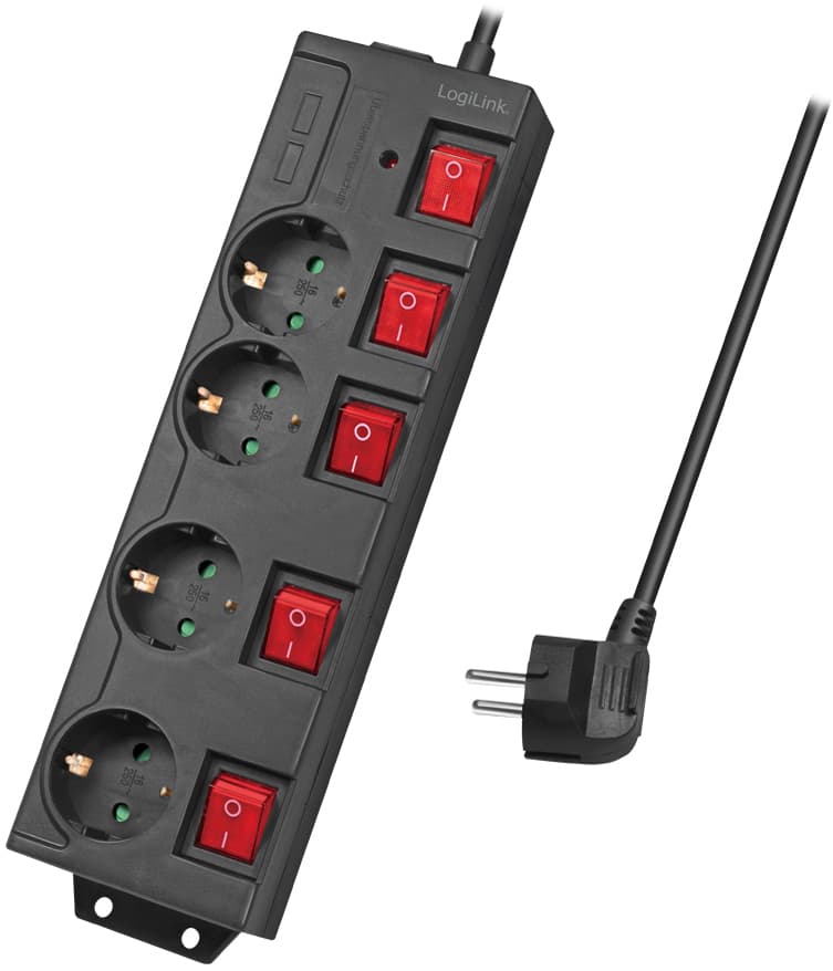 Black power extension strip with 1.5 meters of cable, featuring four AC outlets, red switches, and green indicator lights, designed for indoor use.