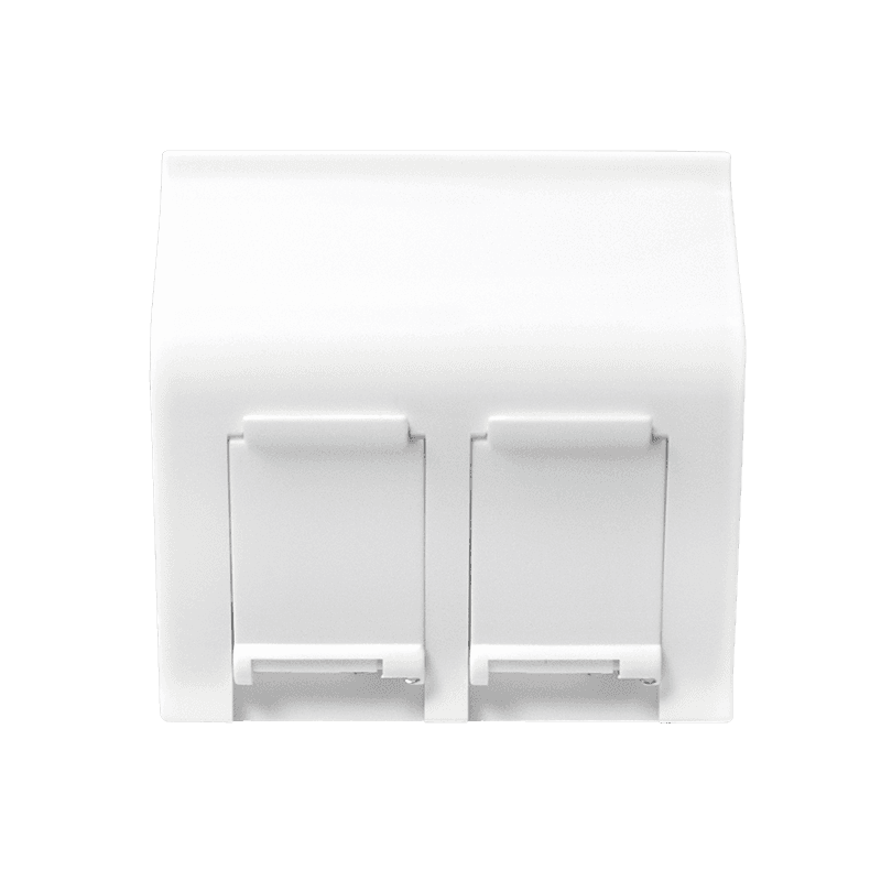 White plastic wall plate with two switch covers, featuring a smooth finish and rounded edges, designed for easy installation and a clean look.