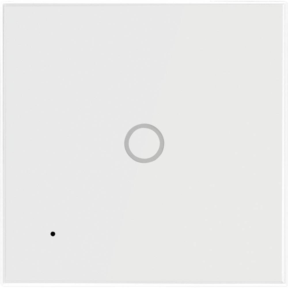White LogiLink SH0111 smart electrical switch featuring a sleek, glossy surface, a central circular button, and a small indicator light on the bottom left.