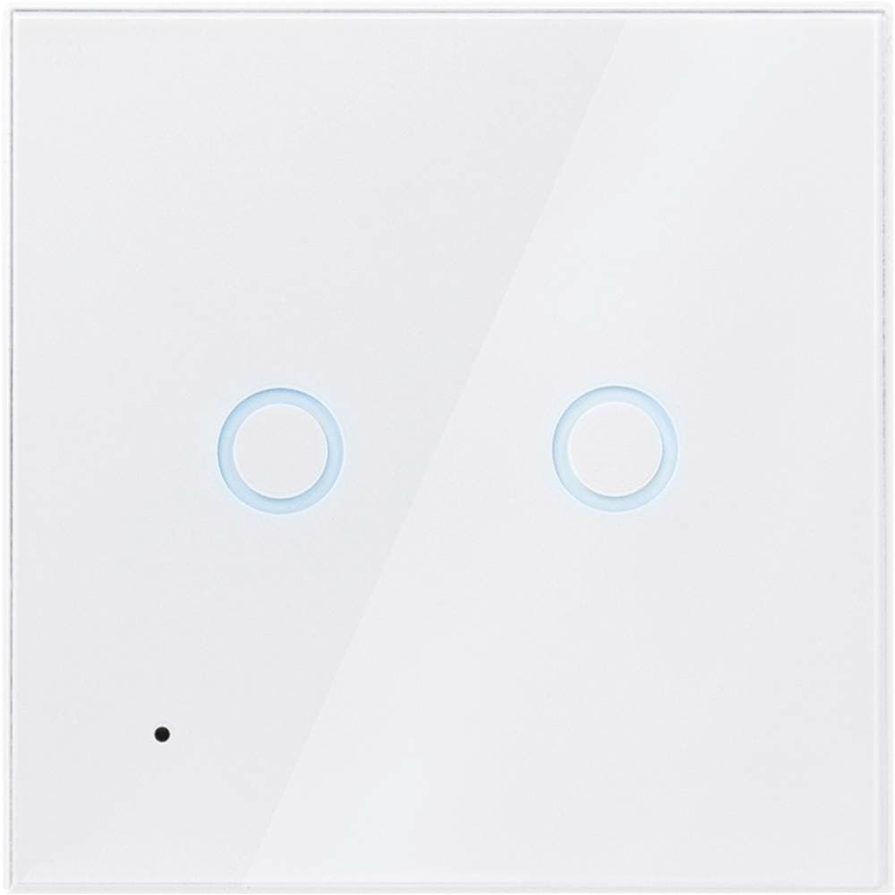 White LogiLink SH0112 smart electrical switch featuring two circular touch buttons with blue backlighting and a small indicator light at the bottom.